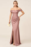Dusty Rose Matt Satin Off The Shoulder rynkad brudtärna klänning