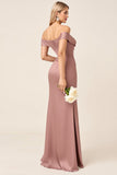 Dusty Rose Matt Satin Off The Shoulder rynkad brudtärna klänning