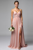 Dusty Rose Spaghetti Straps Chiffong Spets Brudtärna Klänning med slits