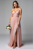 Dusty Rose Spaghetti Straps Chiffong Spets Brudtärna Klänning med slits