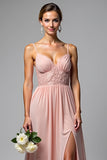 Dusty Rose Spaghetti Straps Chiffong Spets Brudtärna Klänning med slits
