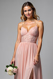 Dusty Rose Spaghetti Straps Chiffong Spets Brudtärna Klänning med slits