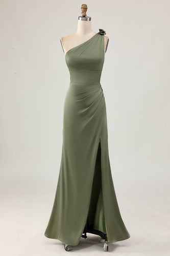 One Shoulder Eucalyptus Mermaid Lång Brudtärna Klänning med Slits