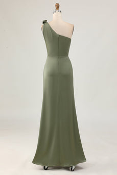 One Shoulder Eucalyptus Mermaid Lång Brudtärna Klänning med Slits
