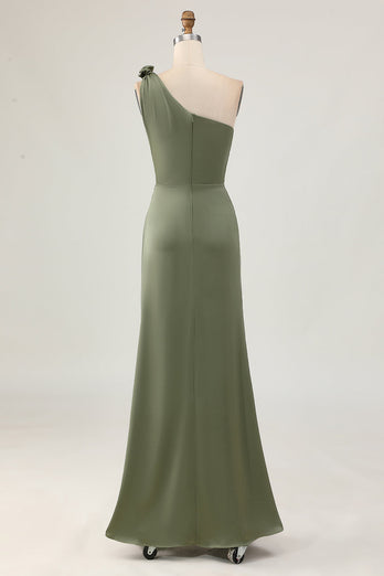 One Shoulder Eucalyptus Mermaid Lång Brudtärna Klänning med Slits