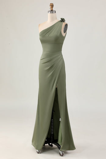 One Shoulder Eucalyptus Mermaid Lång Brudtärna Klänning med Slits