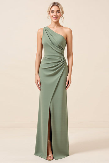 Matcha One Shoulder Chiffong Rynkad Lång Brudtärna Klänning Med Slits