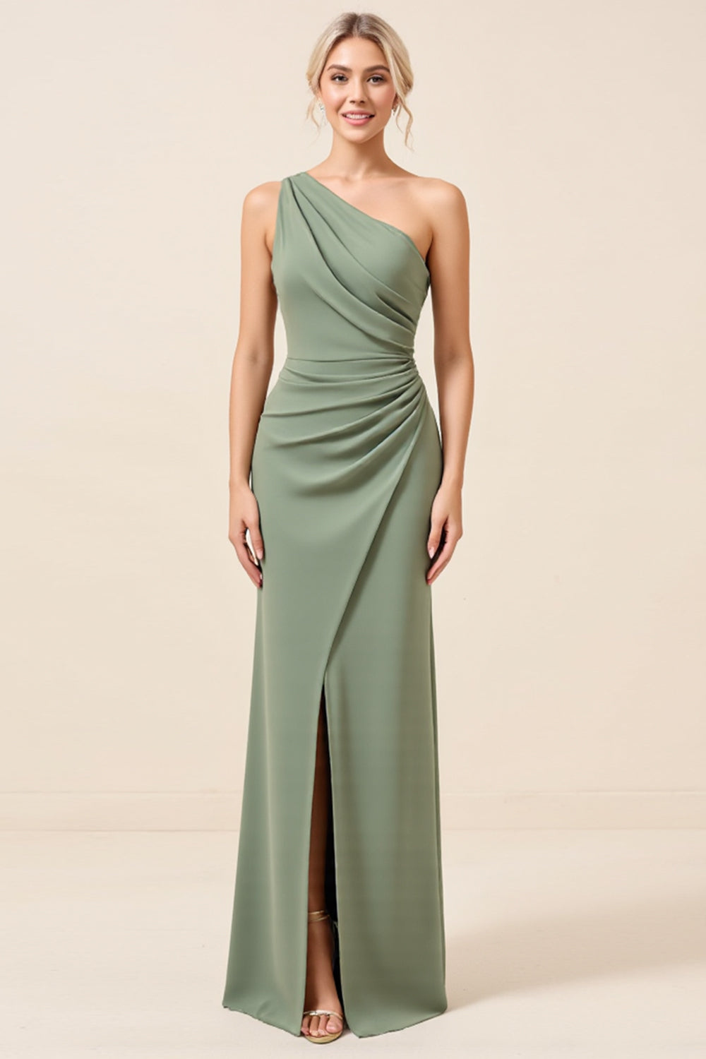 Matcha One Shoulder Chiffong Rynkad Lång Brudtärna Klänning Med Slits