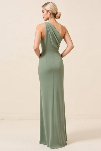 Matcha One Shoulder Chiffong Rynkad Lång Brudtärna Klänning Med Slits