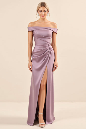 Vintage Mauve Slida Från Axeln Satin Rynkad Lång Brudtärna Klänning