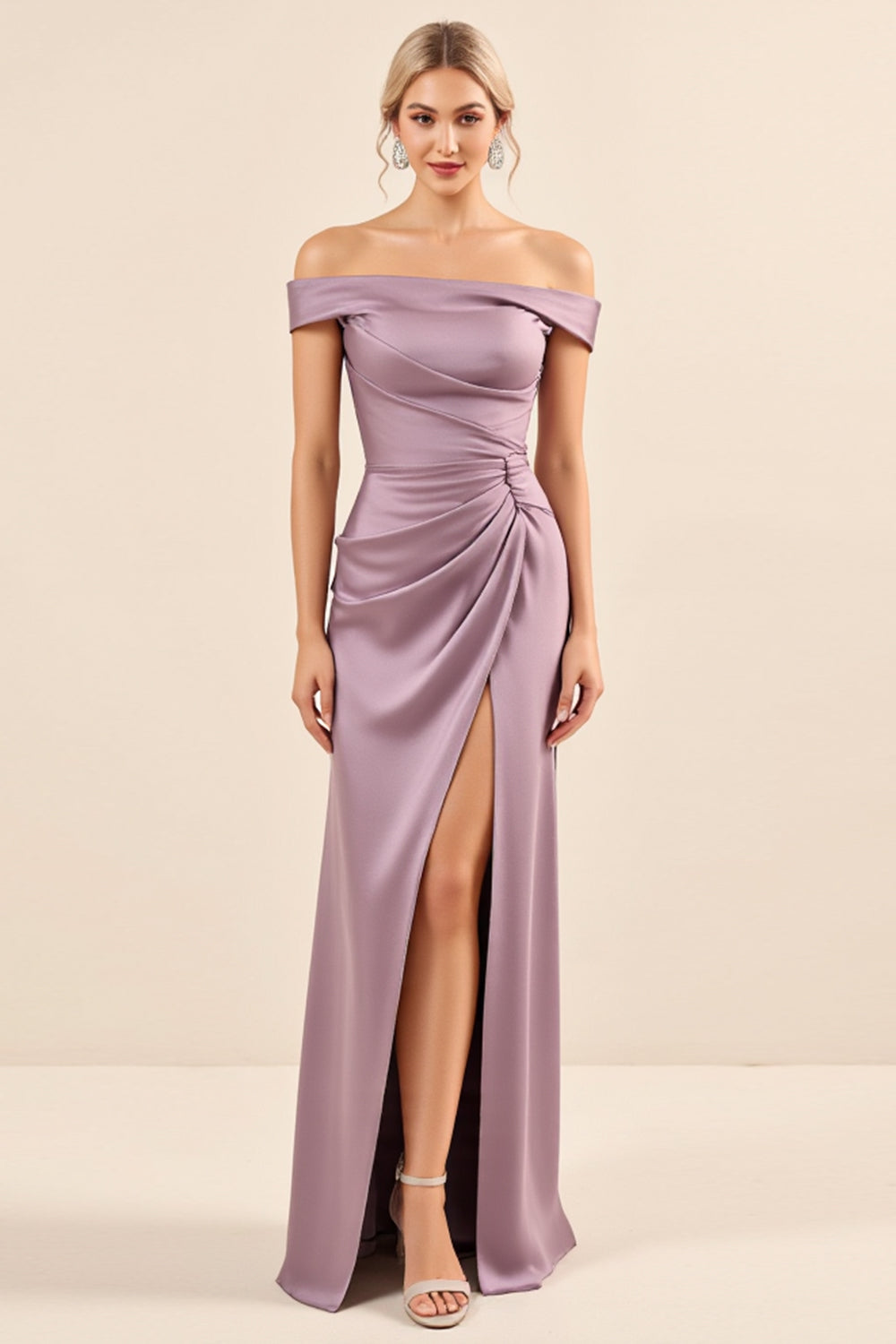 Vintage Mauve Slida Från Axeln Satin Rynkad Lång Brudtärna Klänning
