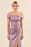 Vintage Mauve Slida Från Axeln Satin Rynkad Lång Brudtärna Klänning