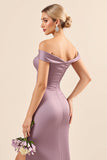 Vintage Mauve Slida Från Axeln Satin Rynkad Lång Brudtärna Klänning