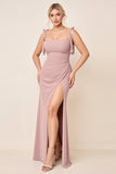 Dusty Rose Spaghetti Straps Rynkad Lång Brudtärna Klänning Med Slits