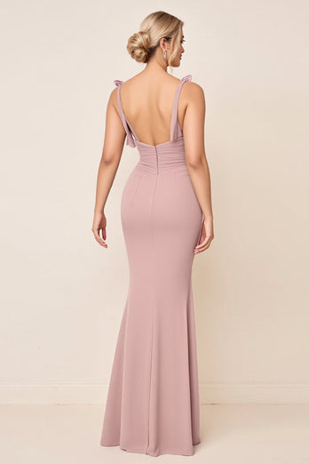 Dusty Rose Spaghetti Straps Rynkad Lång Brudtärna Klänning Med Slits