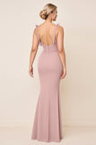 Dusty Rose Spaghetti Straps Rynkad Lång Brudtärna Klänning Med Slits