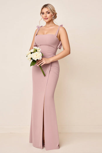 Dusty Rose Spaghetti Straps Rynkad Lång Brudtärna Klänning Med Slits