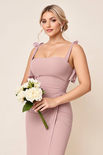 Dusty Rose Spaghetti Straps Rynkad Lång Brudtärna Klänning Med Slits