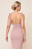 Dusty Rose Spaghetti Straps Rynkad Lång Brudtärna Klänning Med Slits