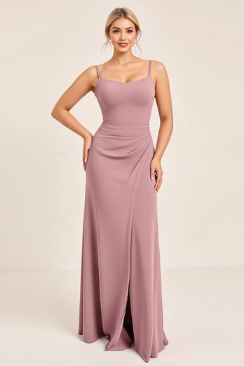 Vintage Mauve Slida Spaghetti Remmar Rynkad Lång Brudtärna Klänning Med Slits