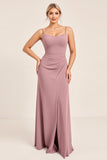 Vintage Mauve Slida Spaghetti Remmar Rynkad Lång Brudtärna Klänning Med Slits