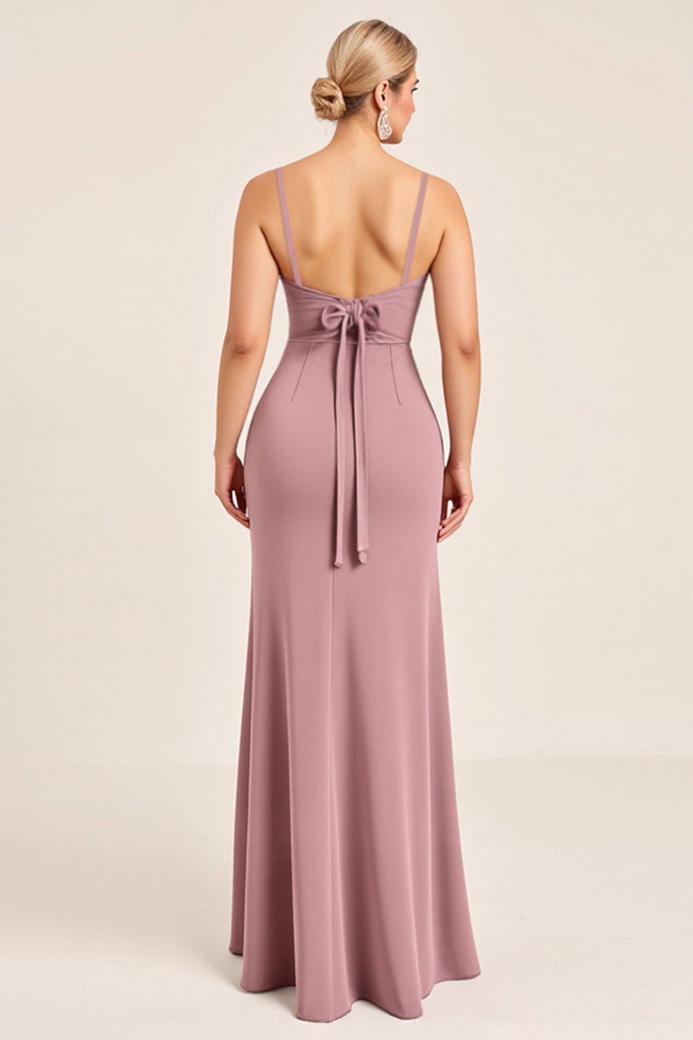 Vintage Mauve Slida Spaghetti Remmar Rynkad Lång Brudtärna Klänning Med Slits