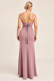 Vintage Mauve Slida Spaghetti Remmar Rynkad Lång Brudtärna Klänning Med Slits