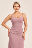 Vintage Mauve Slida Spaghetti Remmar Rynkad Lång Brudtärna Klänning Med Slits