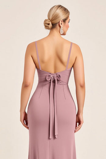 Vintage Mauve Slida Spaghetti Remmar Rynkad Lång Brudtärna Klänning Med Slits