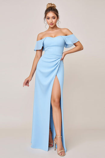 Himmelsblå Fodral Ruffle Off The Shoulder Lång Brudtärna Klänning Med Slits