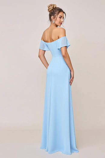 Himmelsblå Fodral Ruffle Off The Shoulder Lång Brudtärna Klänning Med Slits