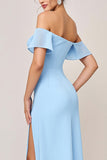 Himmelsblå Fodral Ruffle Off The Shoulder Lång Brudtärna Klänning Med Slits