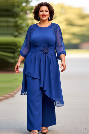 Royal Blue 2-delad chiffong Plus Size Brudens Mor Byxor med 3/4 ärmar