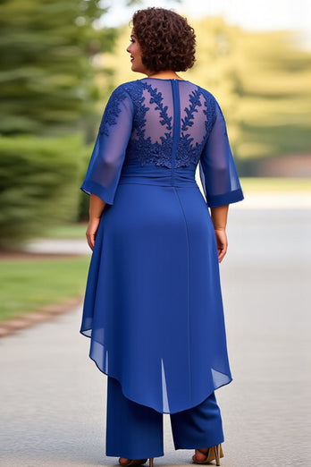 Royal Blue 2-delad chiffong Plus Size Brudens Mor Byxor med 3/4 ärmar