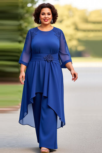 Royal Blue 2-delad chiffong Plus Size Brudens Mor Byxor med 3/4 ärmar