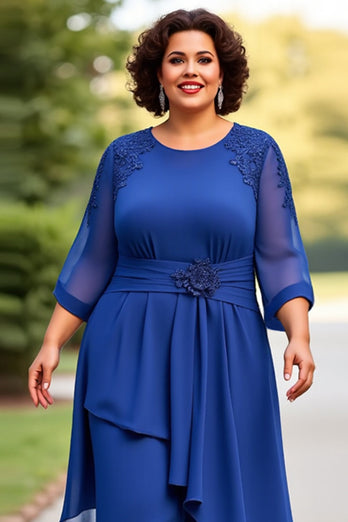 Royal Blue 2-delad chiffong Plus Size Brudens Mor Byxor med 3/4 ärmar