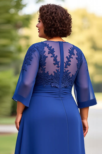 Royal Blue 2-delad chiffong Plus Size Brudens Mor Byxor med 3/4 ärmar