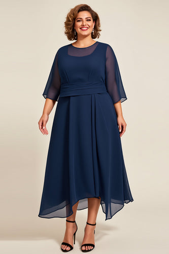 Marinblå Chiffong A Line Plus Size Klänning för Brudens Mor med 3/4 ärmar