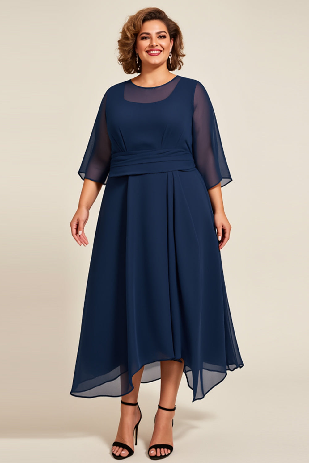 Marinblå Chiffong A Line Plus Size Klänning för Brudens Mor med 3/4 ärmar