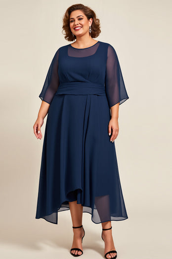Marinblå Chiffong A Line Plus Size Klänning för Brudens Mor med 3/4 ärmar