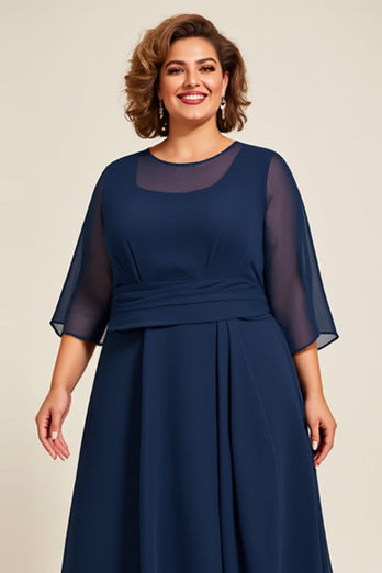 Marinblå Chiffong A Line Plus Size Klänning för Brudens Mor med 3/4 ärmar