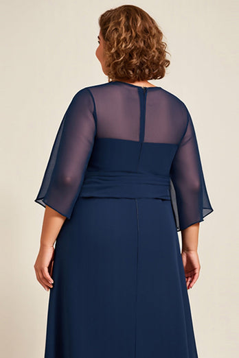 Marinblå Chiffong A Line Plus Size Klänning för Brudens Mor med 3/4 ärmar