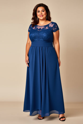 Blå A Line Chiffong Plus Size Klänning för Brudens Mor med applikationer