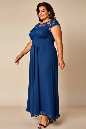 Blå A Line Chiffong Plus Size Klänning för Brudens Mor med applikationer