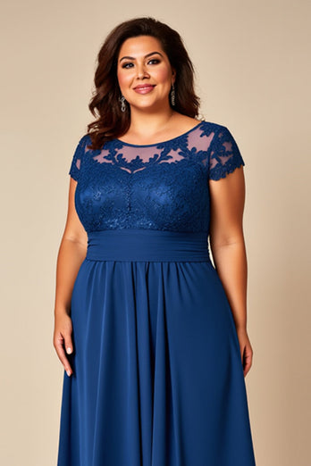 Blå A Line Chiffong Plus Size Klänning för Brudens Mor med applikationer
