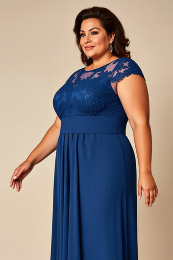 Blå A Line Chiffong Plus Size Klänning för Brudens Mor med applikationer