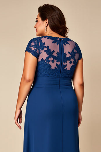 Blå A Line Chiffong Plus Size Klänning för Brudens Mor med applikationer