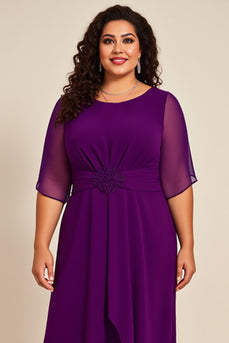 Plus Size Lila Chiifon Rund hals Lång Klänning För Brudens Mor Med Halva Ärmar