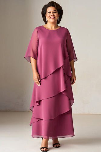 Vintage Mauve Chiffong Ruffled Plus Size Klänning för Brudens Mor med halva ärmar