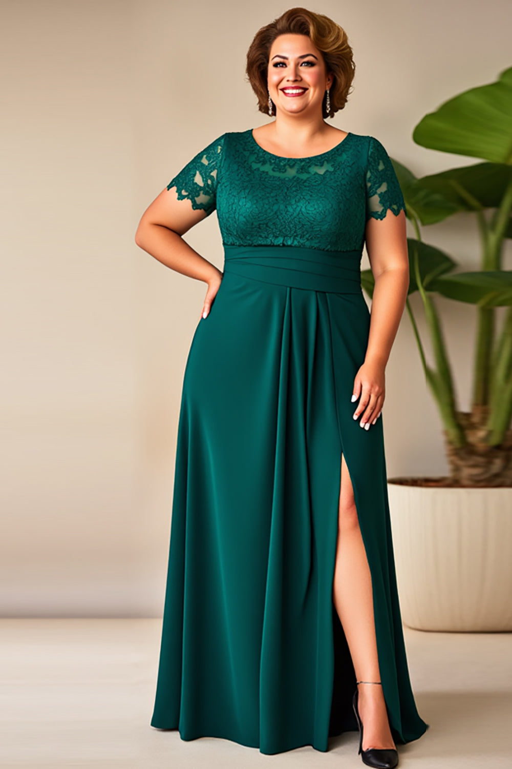 Pine Chiffong Spets Plus Size Klänning för brudens mor med slits